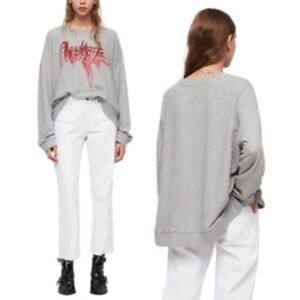 All Saints Sweater Gray Red NYC New York City Graffiti Oversized Crewneck XS